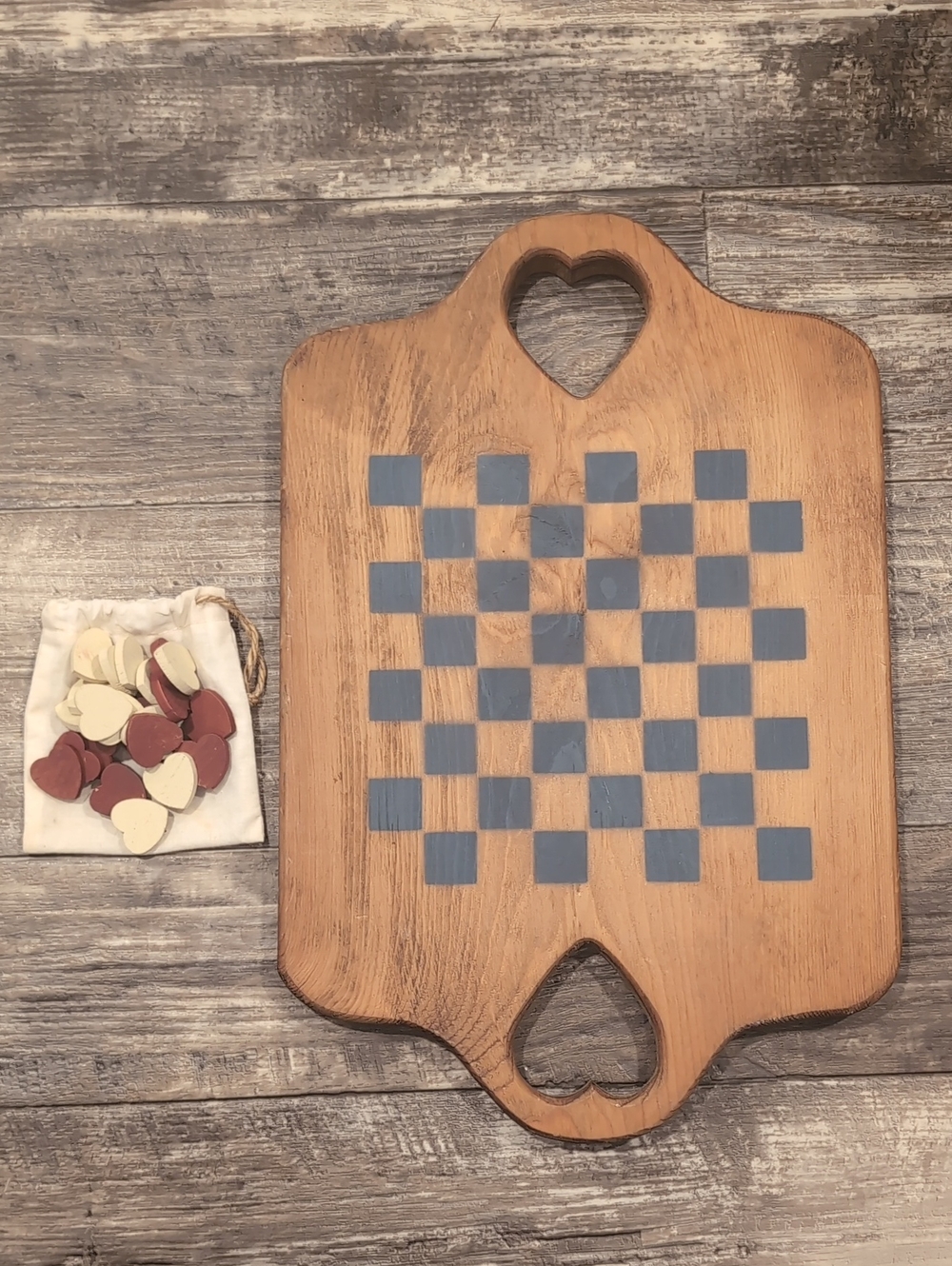 Wooden Heart-Handle Checkers Board with Red and Cream Heart Pieces